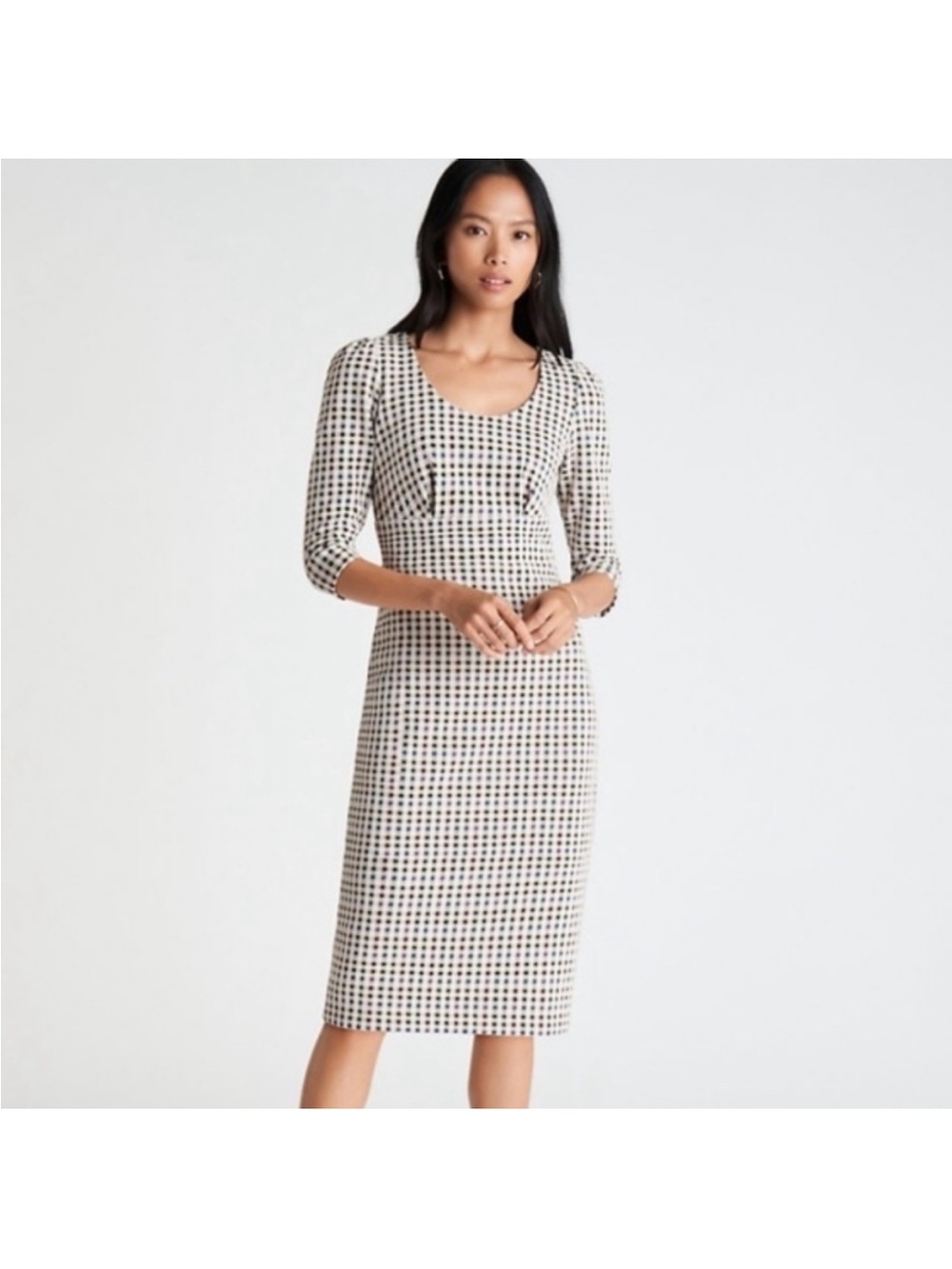 Ann Taylor Sheath Dress Plaid Elbow Sleeve Scoop Neck Size 8